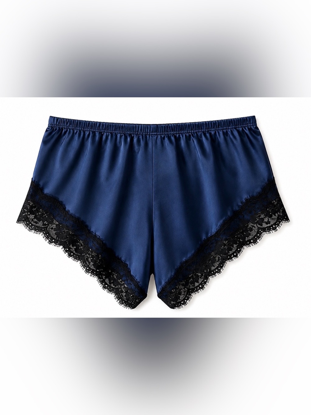 Navy Satin Lace Trim Boxer Shorts Silky Sleep Shorts Loungewear Pajama Bottoms